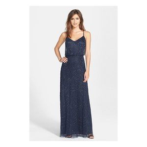 $280 ADRIANNA PAPELL Beaded Chiffon Blouson Gown Crisscross Back Wedding NAVY 0
